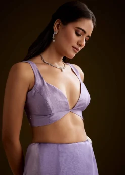 Violet Tissue Saree With Floral Embroidery And Scallop Border