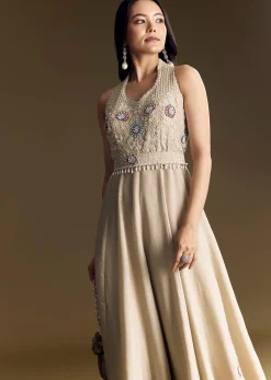 Warm Grey Indowestern Jumpsuit With Cut Dana And Sequin Embroidery