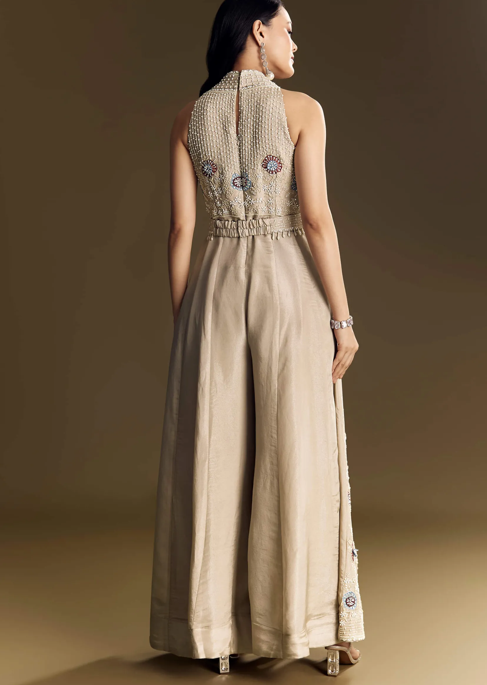 Warm Grey Indowestern Jumpsuit With Cut Dana And Sequin Embroidery