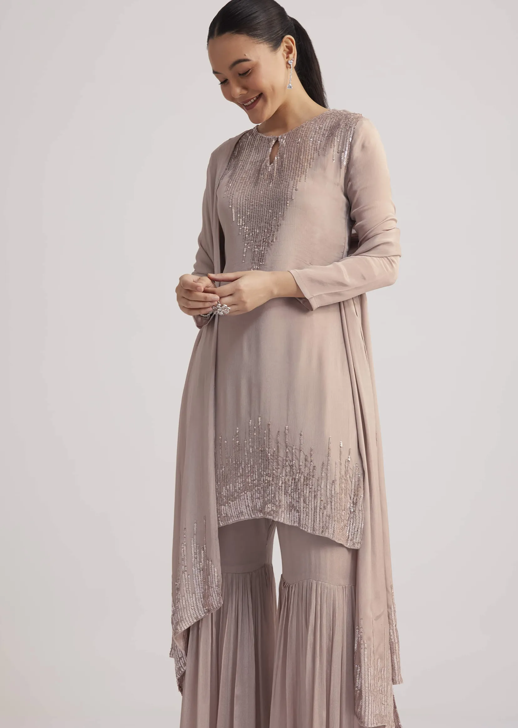 Warm Grey Sequined Chinon Sharara Set