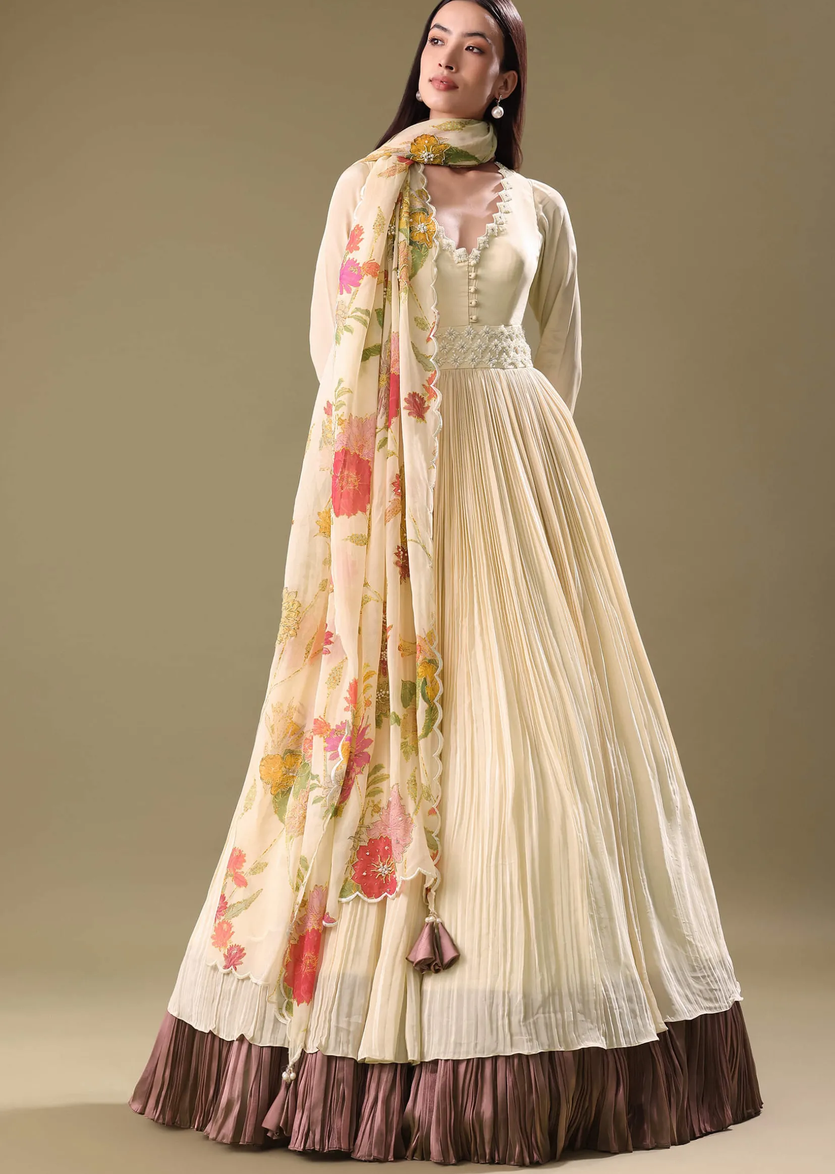 Warm Ivory Beaded Long Suit With Dupatta