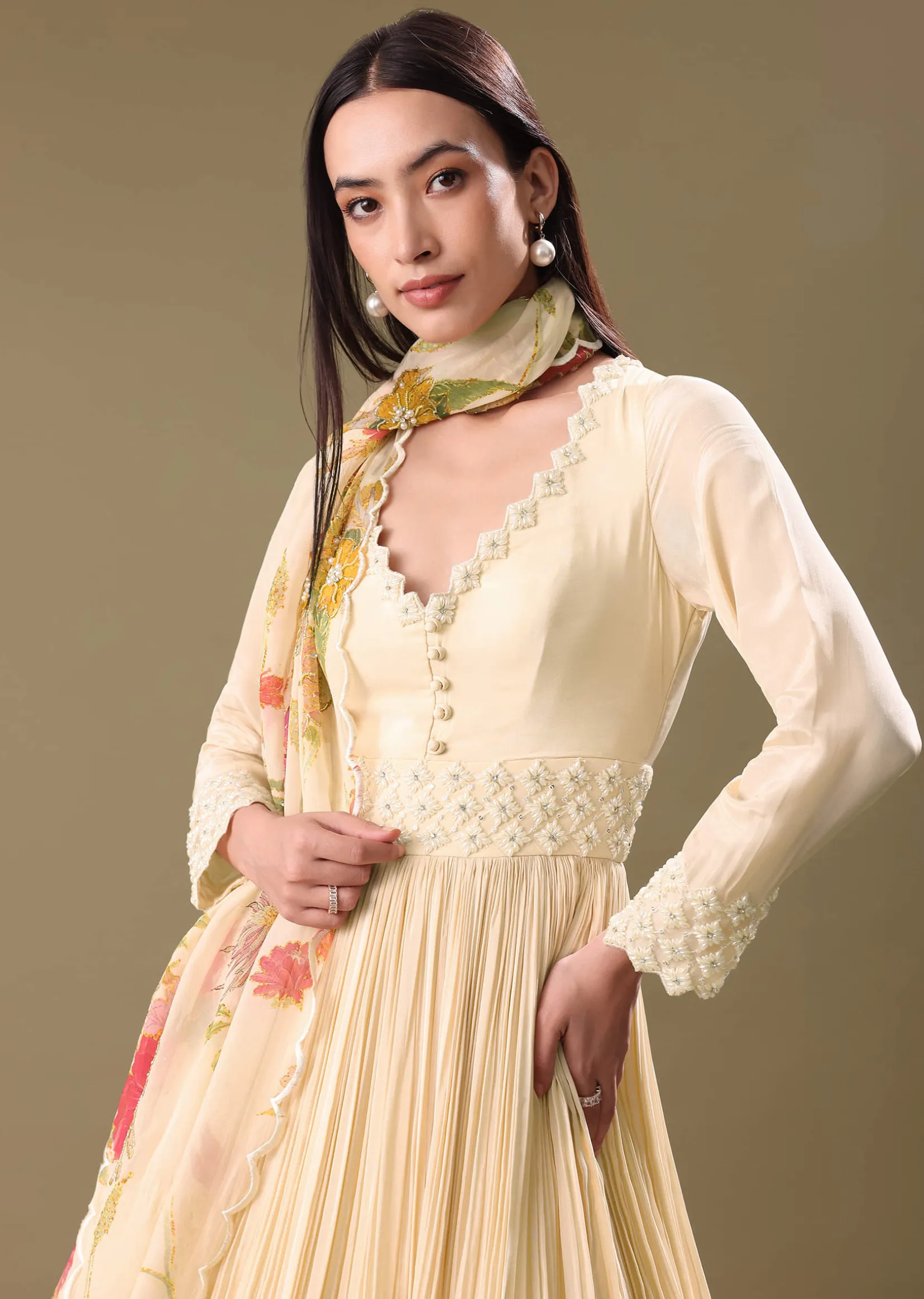 Warm Ivory Beaded Long Suit With Dupatta