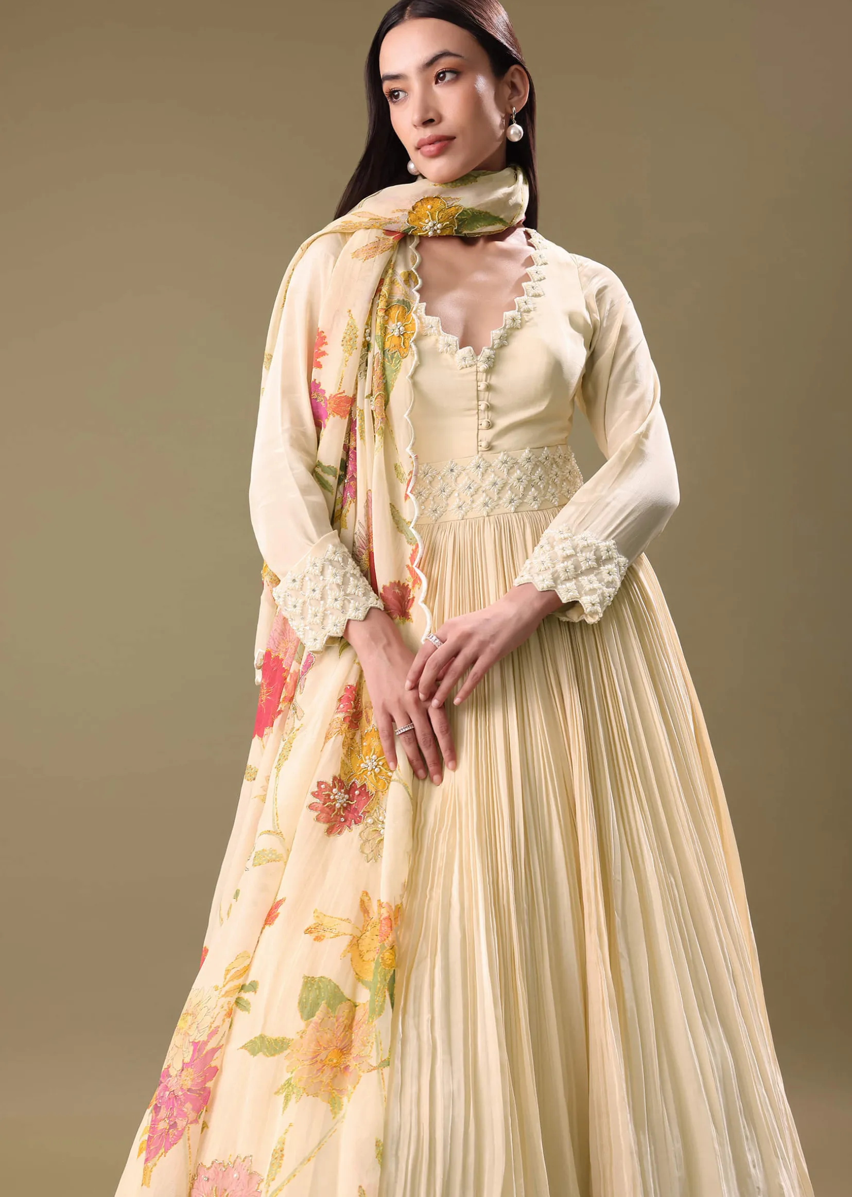 Warm Ivory Beaded Long Suit With Dupatta