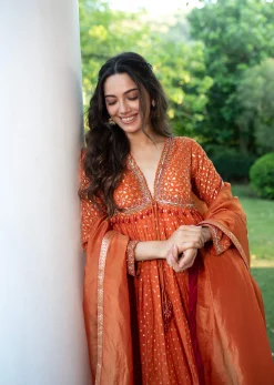 Warm Rust Orange Brocade Cutdana Beaded Anarkali Suit