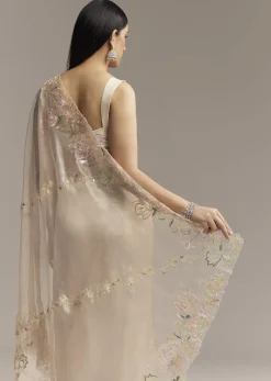 Water Gold Tissue Saree With Multicolor Floral Cutwork Embroidery