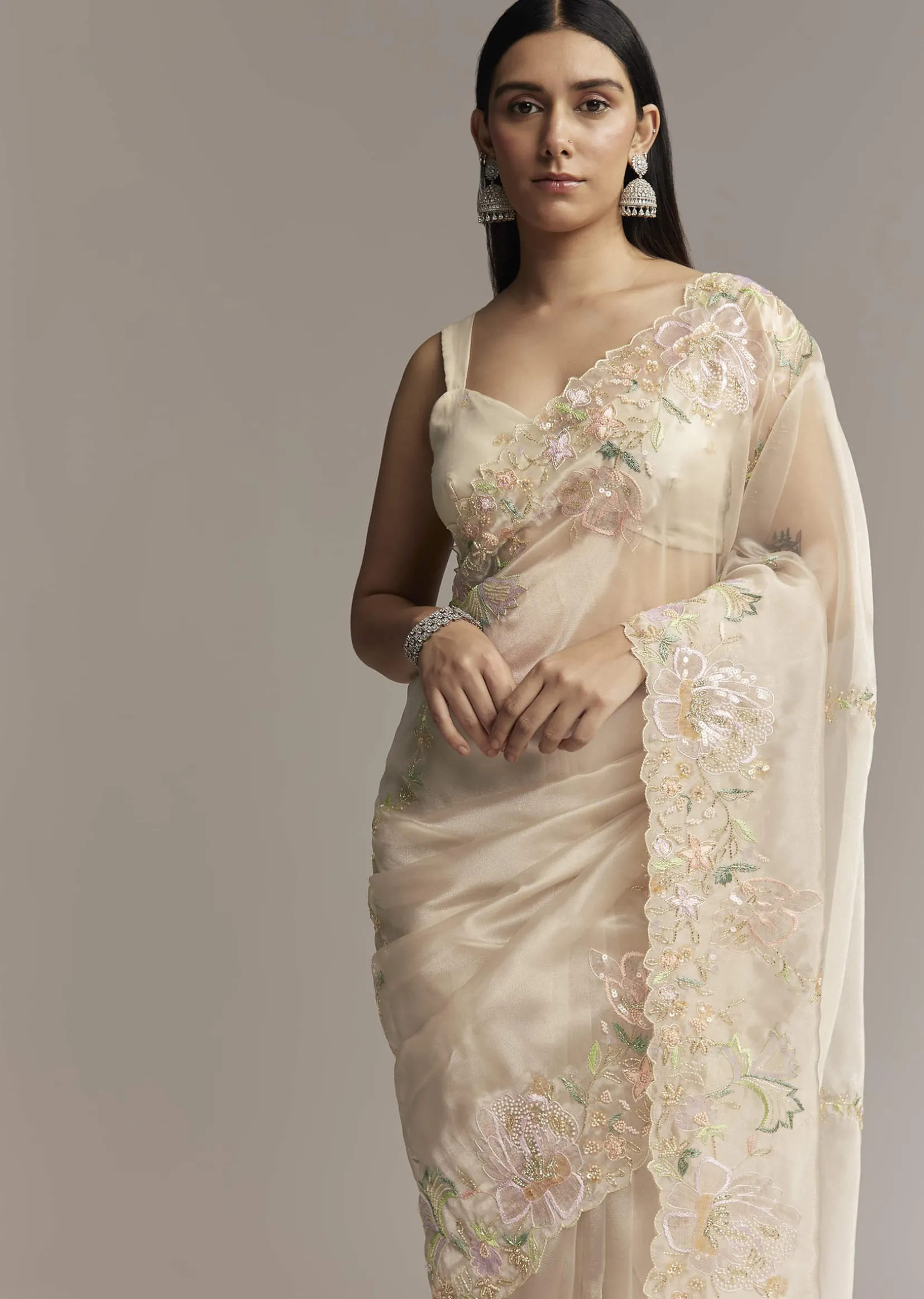 Water Gold Tissue Saree With Multicolor Floral Cutwork Embroidery