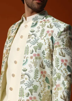 White And Cream Embroidered Indowestern Suit For Men