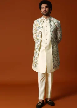 White And Cream Embroidered Indowestern Suit For Men