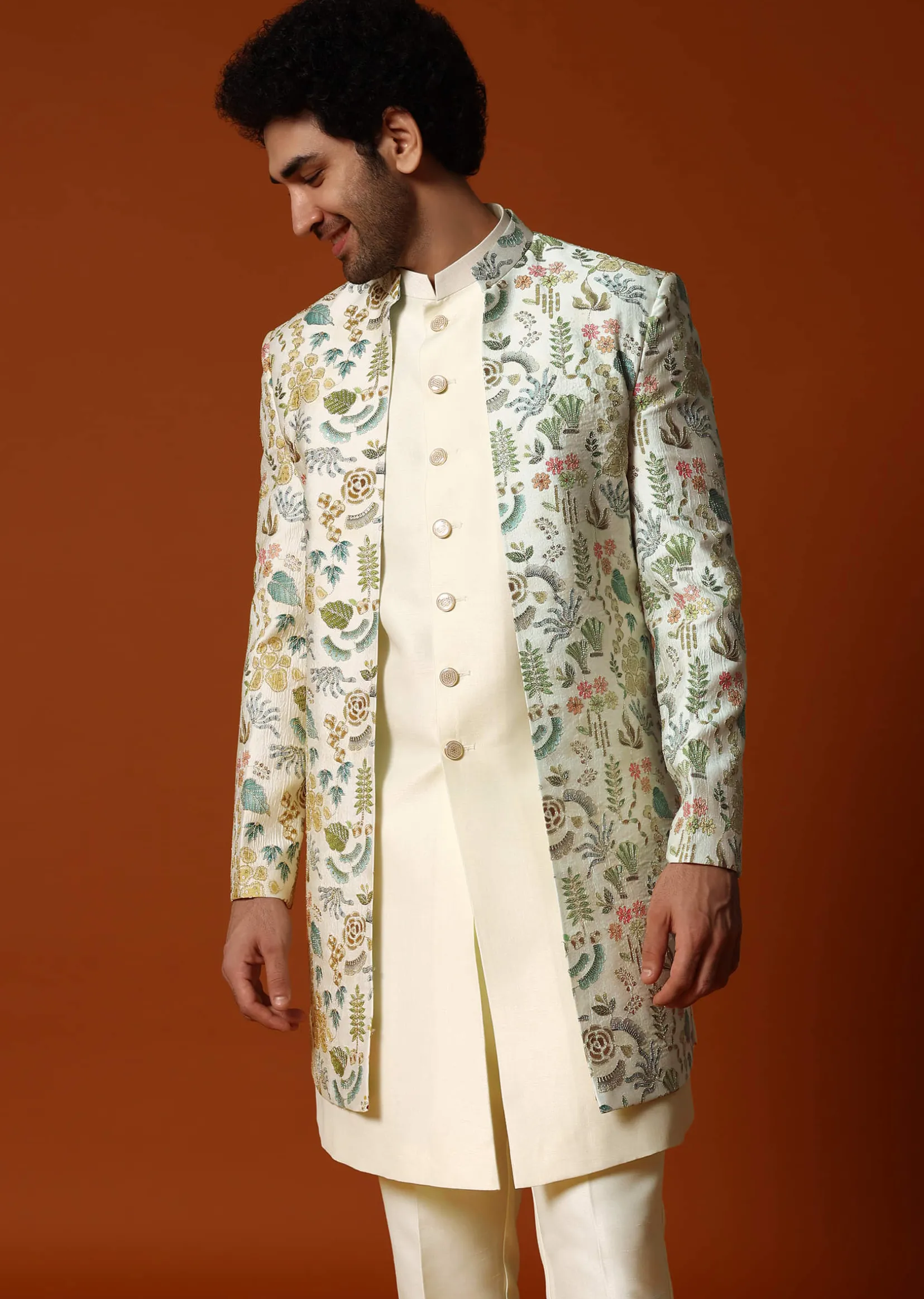 White And Cream Embroidered Indowestern Suit For Men