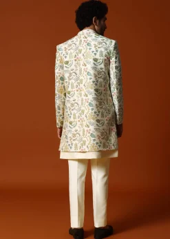 White And Cream Embroidered Indowestern Suit For Men