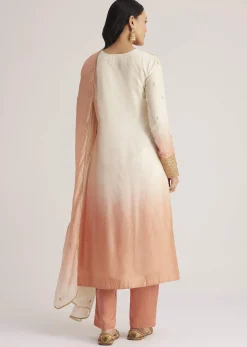 White and Peach Ombre Embroidered Suit
