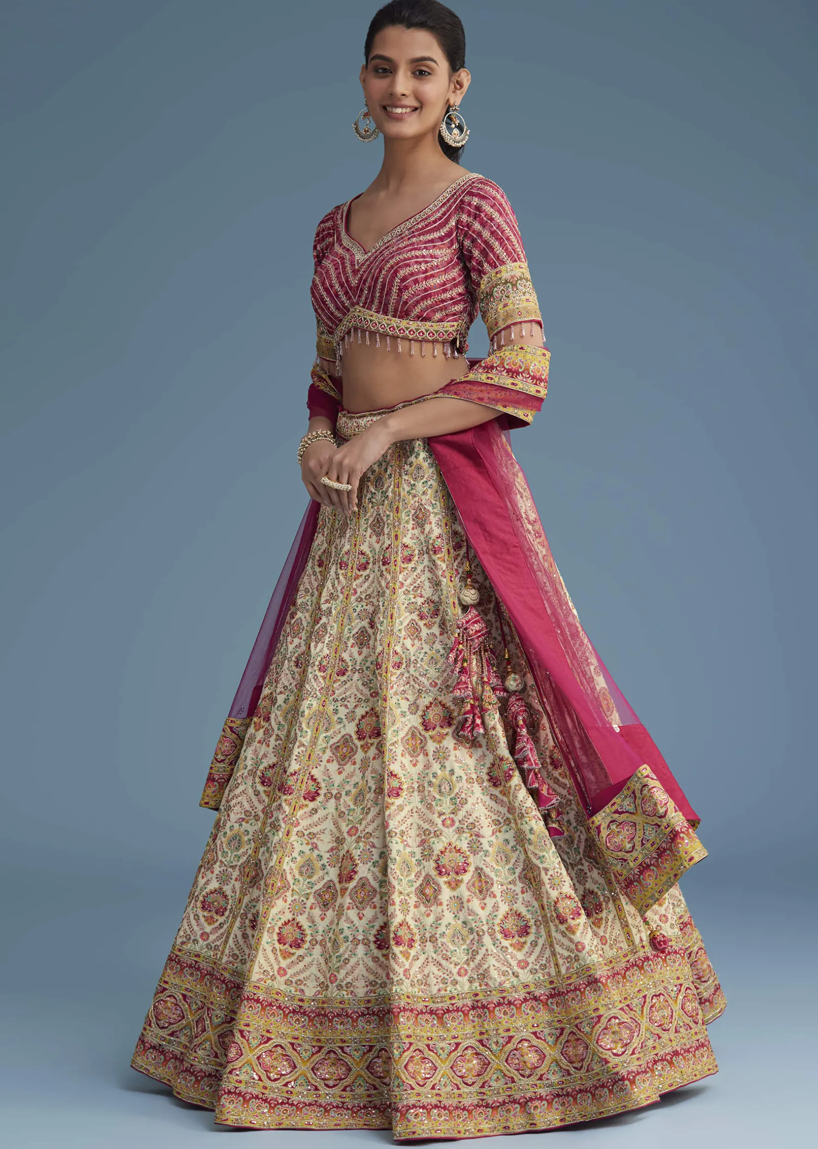 White And Pink Crepe Lehenga Set With Sequins And Cut Dana Work