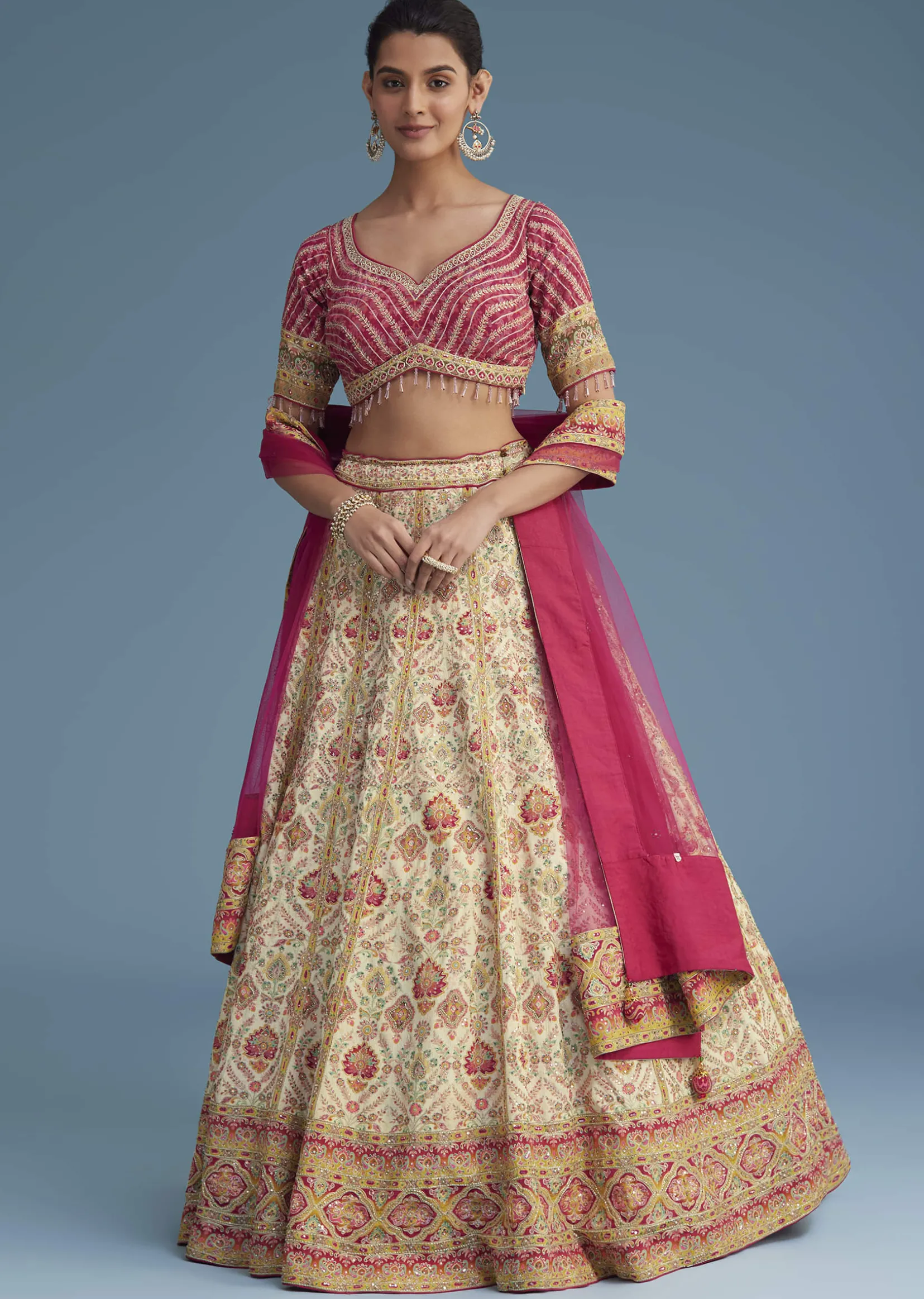 White And Pink Crepe Lehenga Set With Sequins And Cut Dana Work