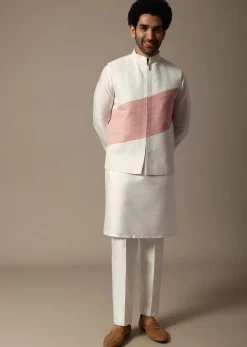 White And Pink Pintuck Kurta Jacket Set For Men