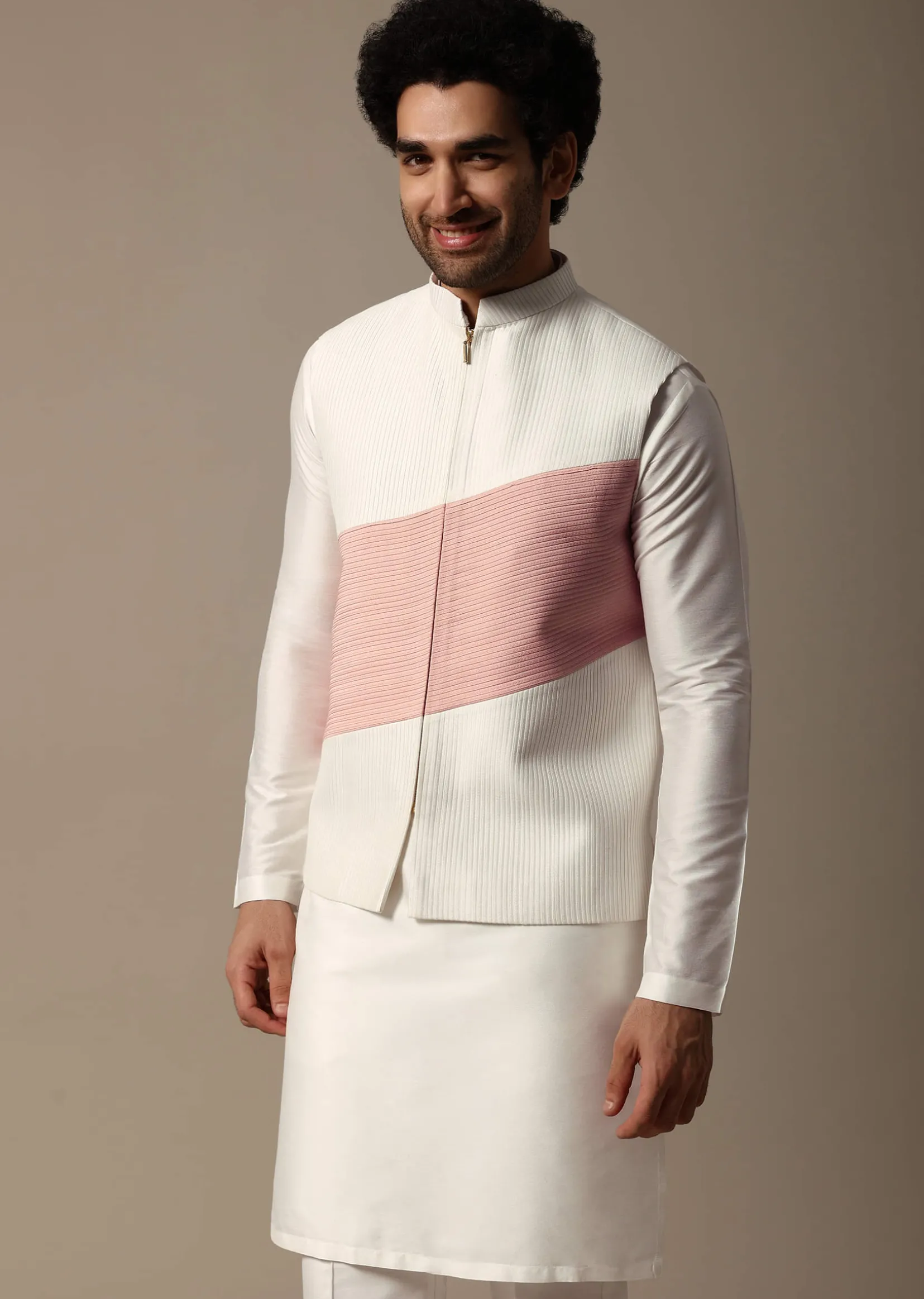 White And Pink Pintuck Kurta Jacket Set For Men