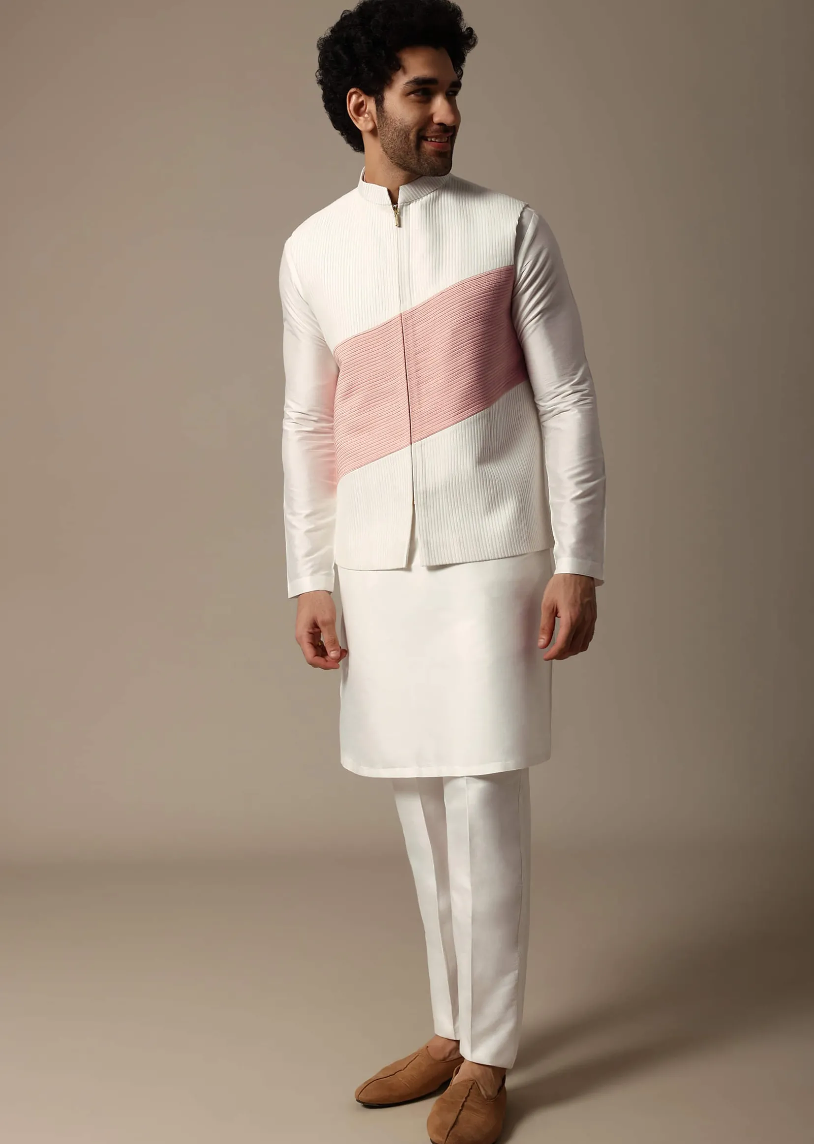 White And Pink Pintuck Kurta Jacket Set For Men