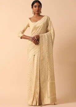 White Banarasi Khaddi Saree With Unstitched Blouse Fabric