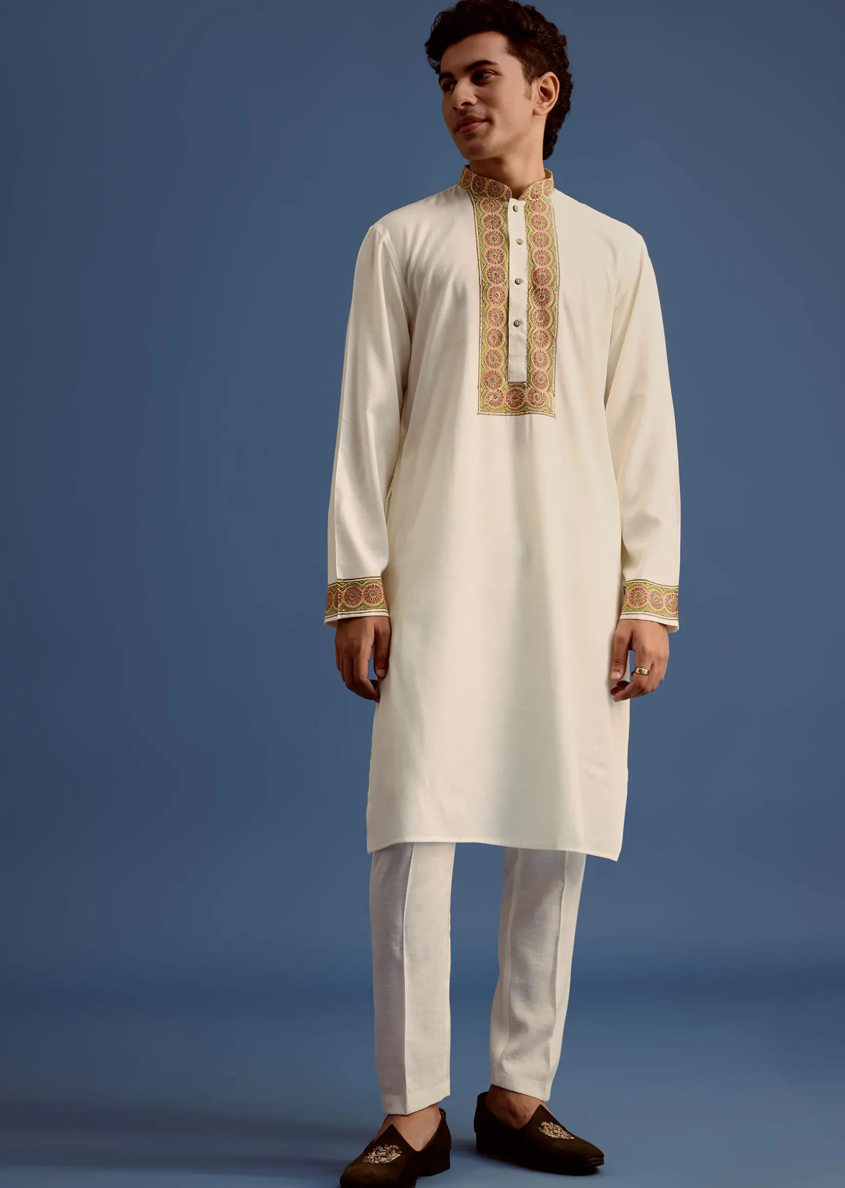White Block Printed Kurta Set With Zari Embroidery