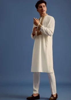 White Block Printed Kurta Set With Zari Embroidery