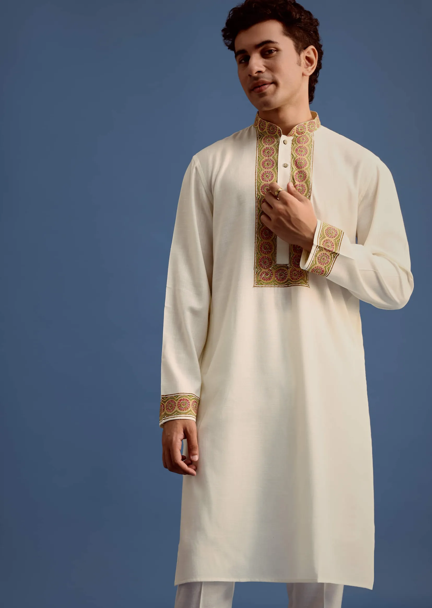 White Block Printed Kurta Set With Zari Embroidery