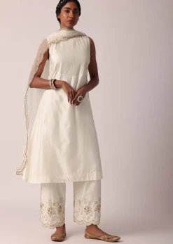 White Chanderi Pant Set With A-Line Kurta