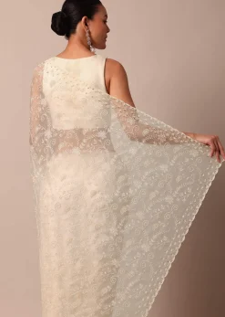 White Chikankari Saree In Organza Silk With Beaded Scallop Detail And Unstitched Blouse Fabric