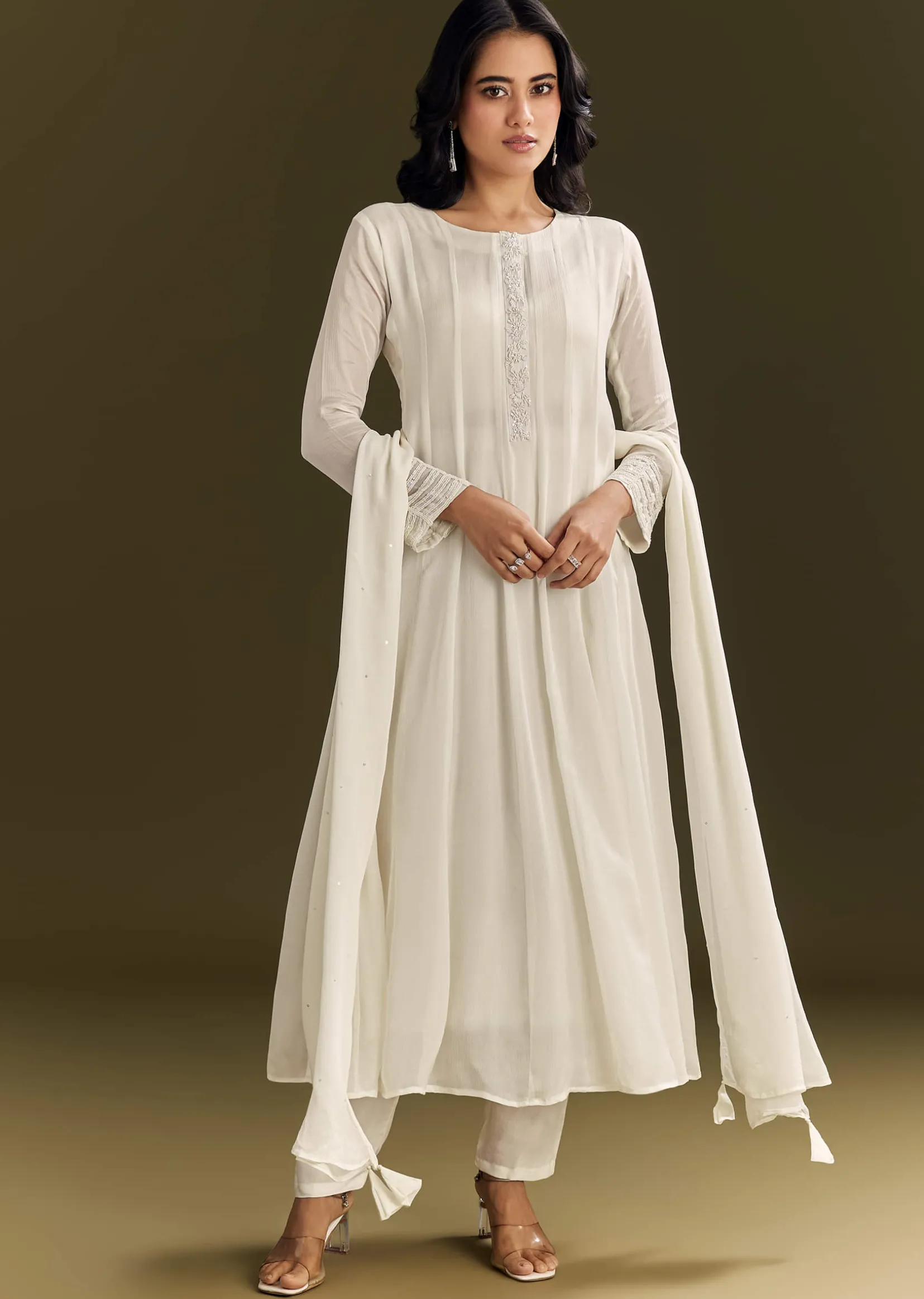 White Chinon Beaded Sequin Anarkali Suit With Dupatta