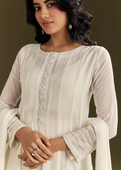White Chinon Beaded Sequin Anarkali Suit With Dupatta