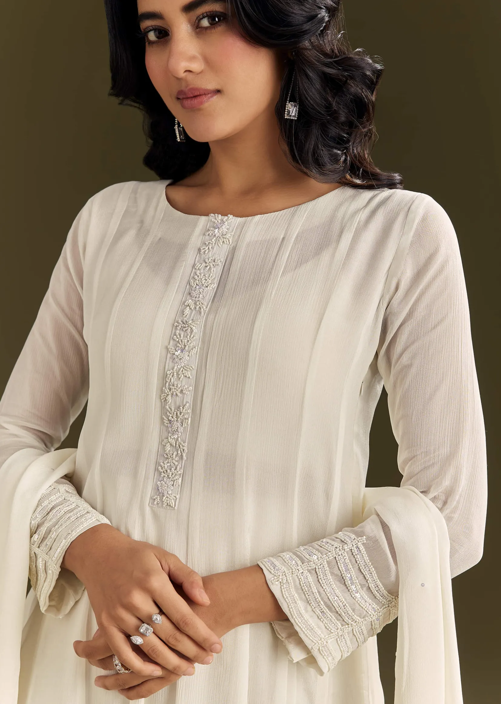 White Chinon Beaded Sequin Anarkali Suit With Dupatta