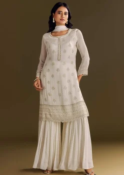 White Chinon Cutdana Kurta Sharara With Moti Work Dupatta