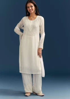 White Chinon Kurta Set With Sequins And Cut Dana Work