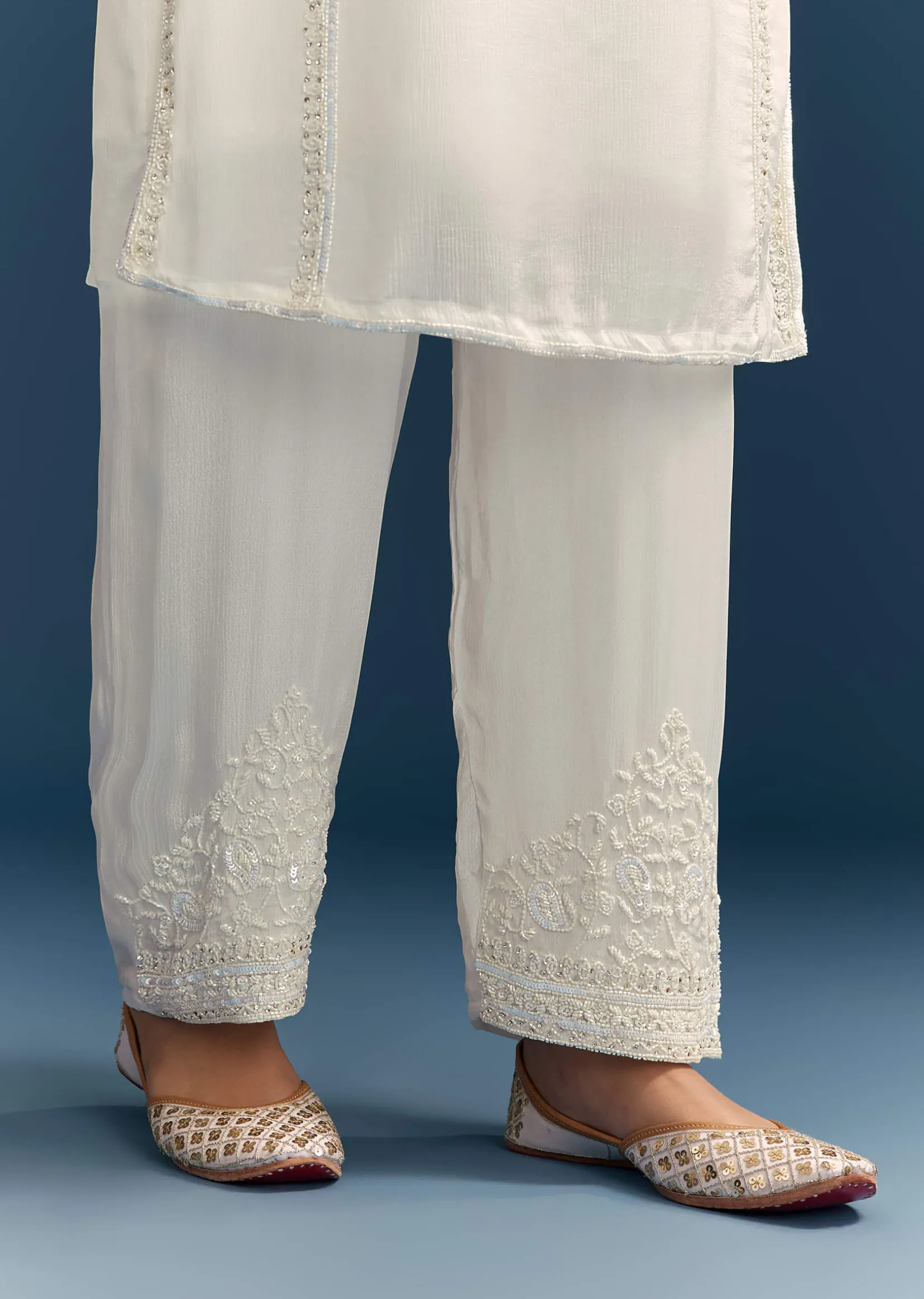White Chinon Kurta Set With Sequins And Cut Dana Work