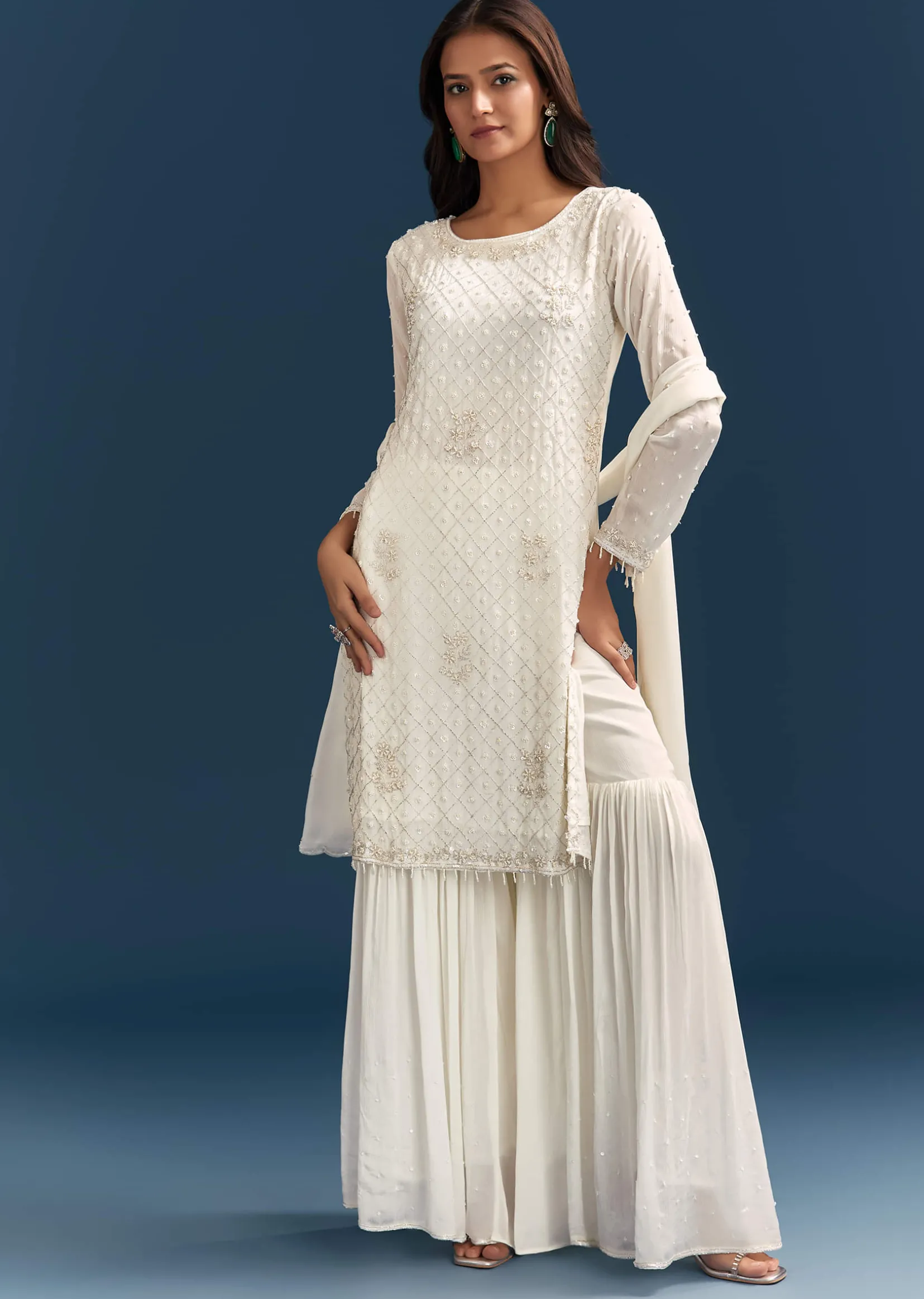 White Chinon Sharara Suit With Sequins Moti And Cut Dana Detailing