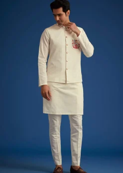 White Cotton Kurta Set With Embroidered Pocket And Collar