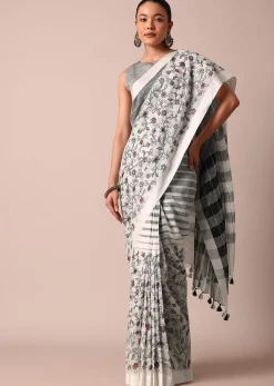 White Cotton Linen Floral Thread Embroidered Saree With Unstitched Blouse Piece