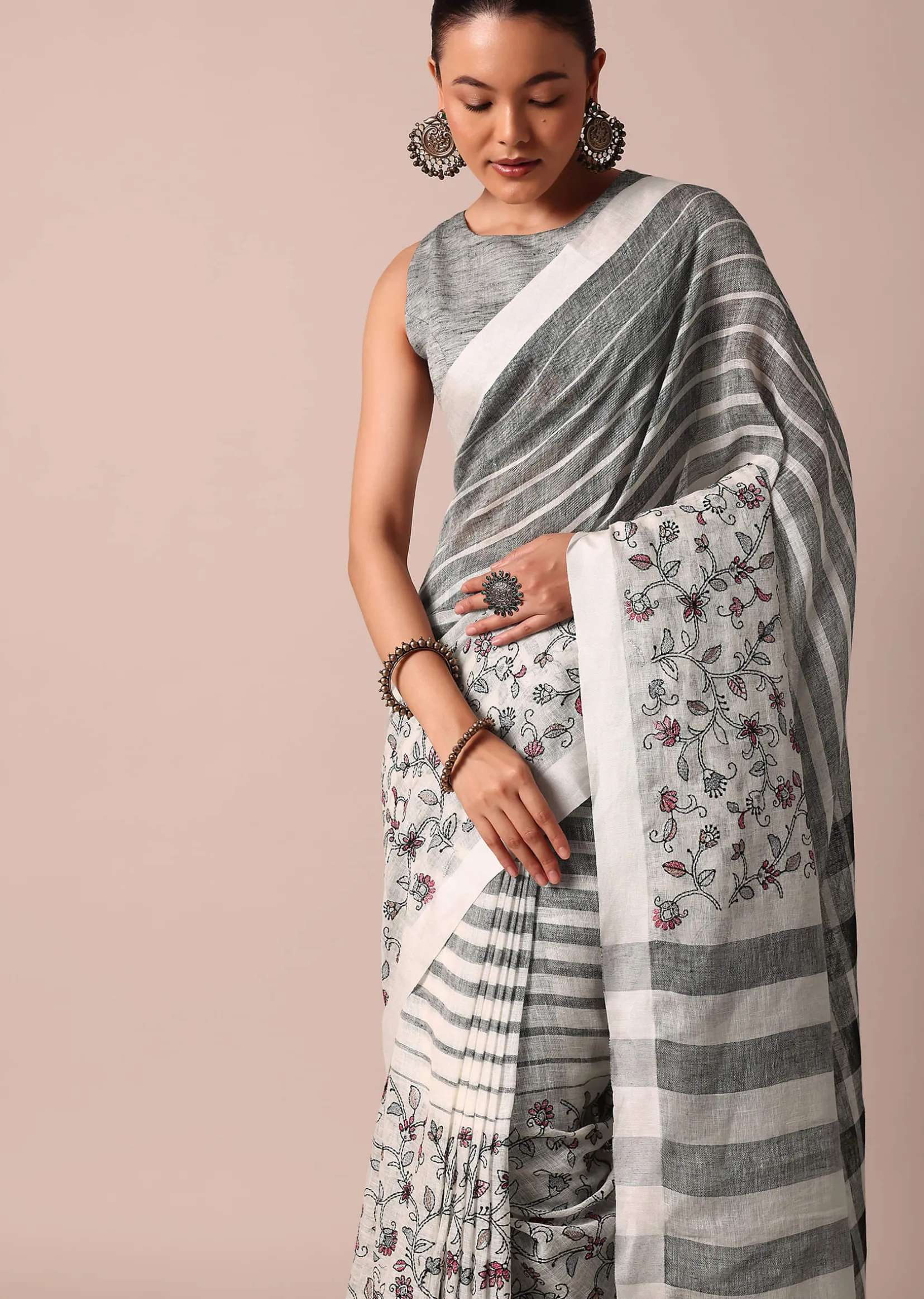 White Cotton Linen Floral Thread Embroidered Saree With Unstitched Blouse Piece