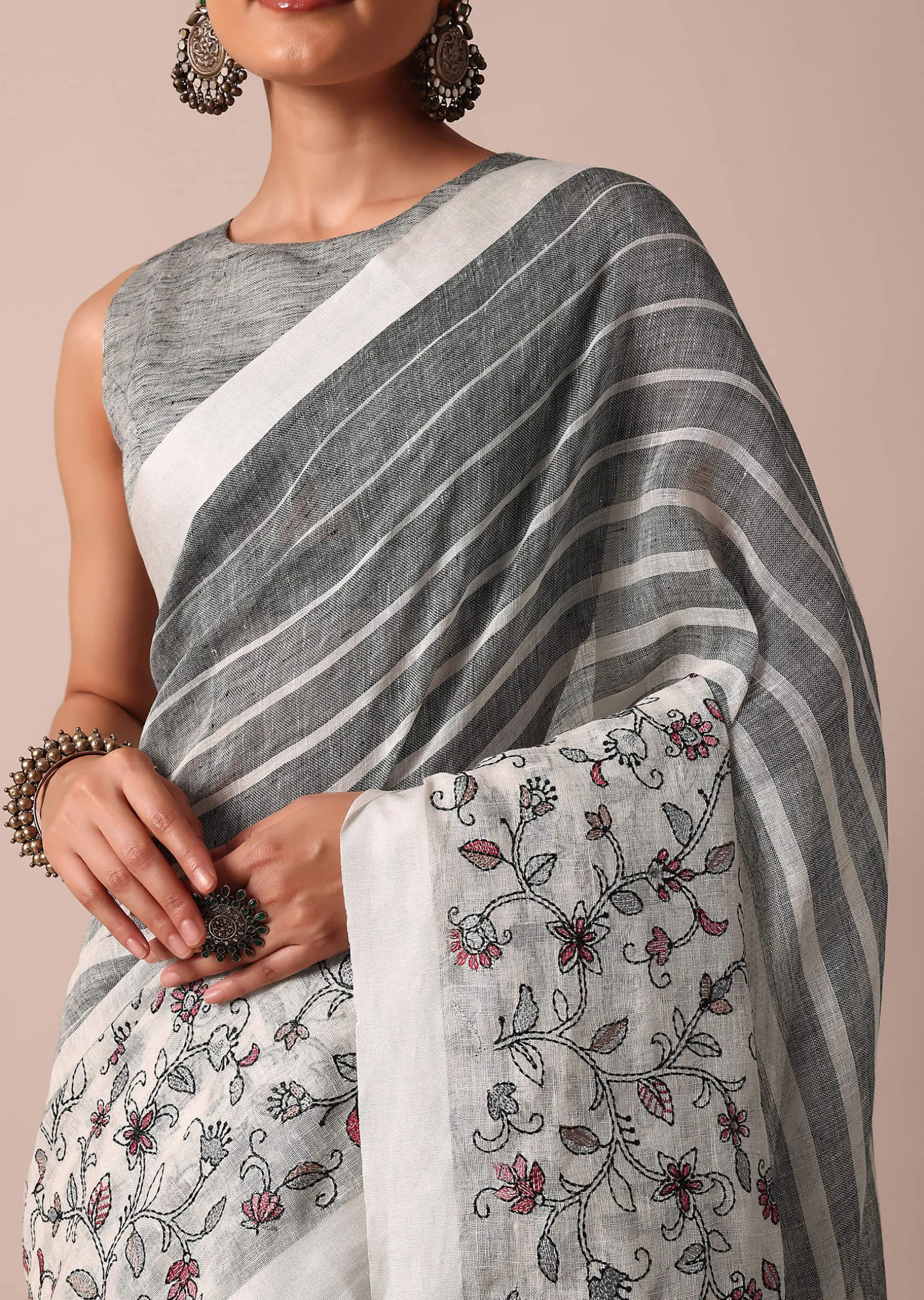 White Cotton Linen Floral Thread Embroidered Saree With Unstitched Blouse Piece