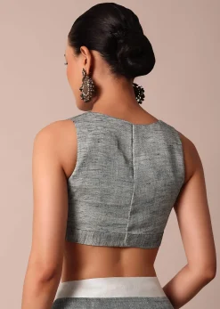White Cotton Linen Floral Thread Embroidered Saree With Unstitched Blouse Piece