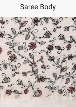 White Cotton Linen Floral Thread Embroidered Saree With Unstitched Blouse Piece