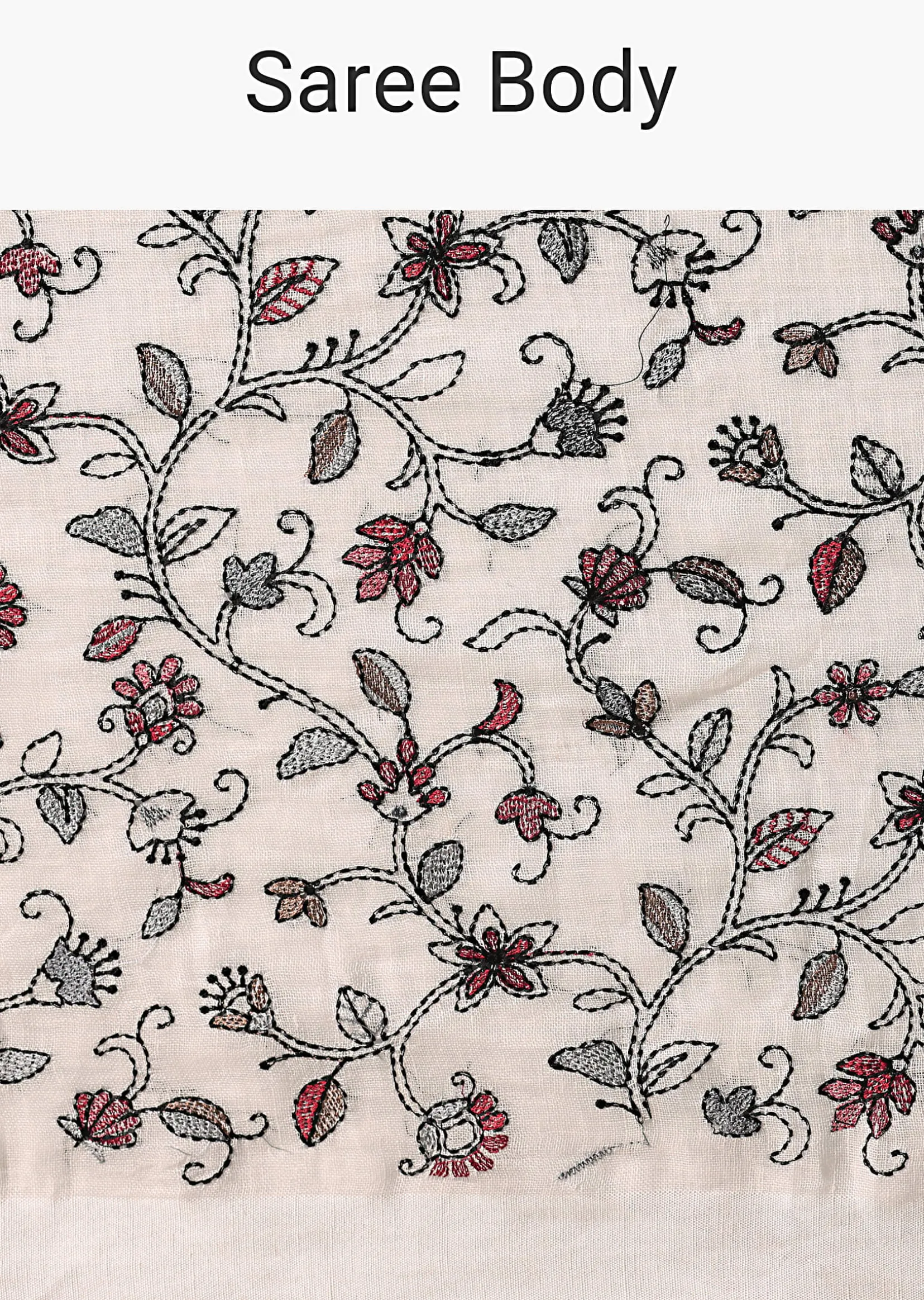 White Cotton Linen Floral Thread Embroidered Saree With Unstitched Blouse Piece
