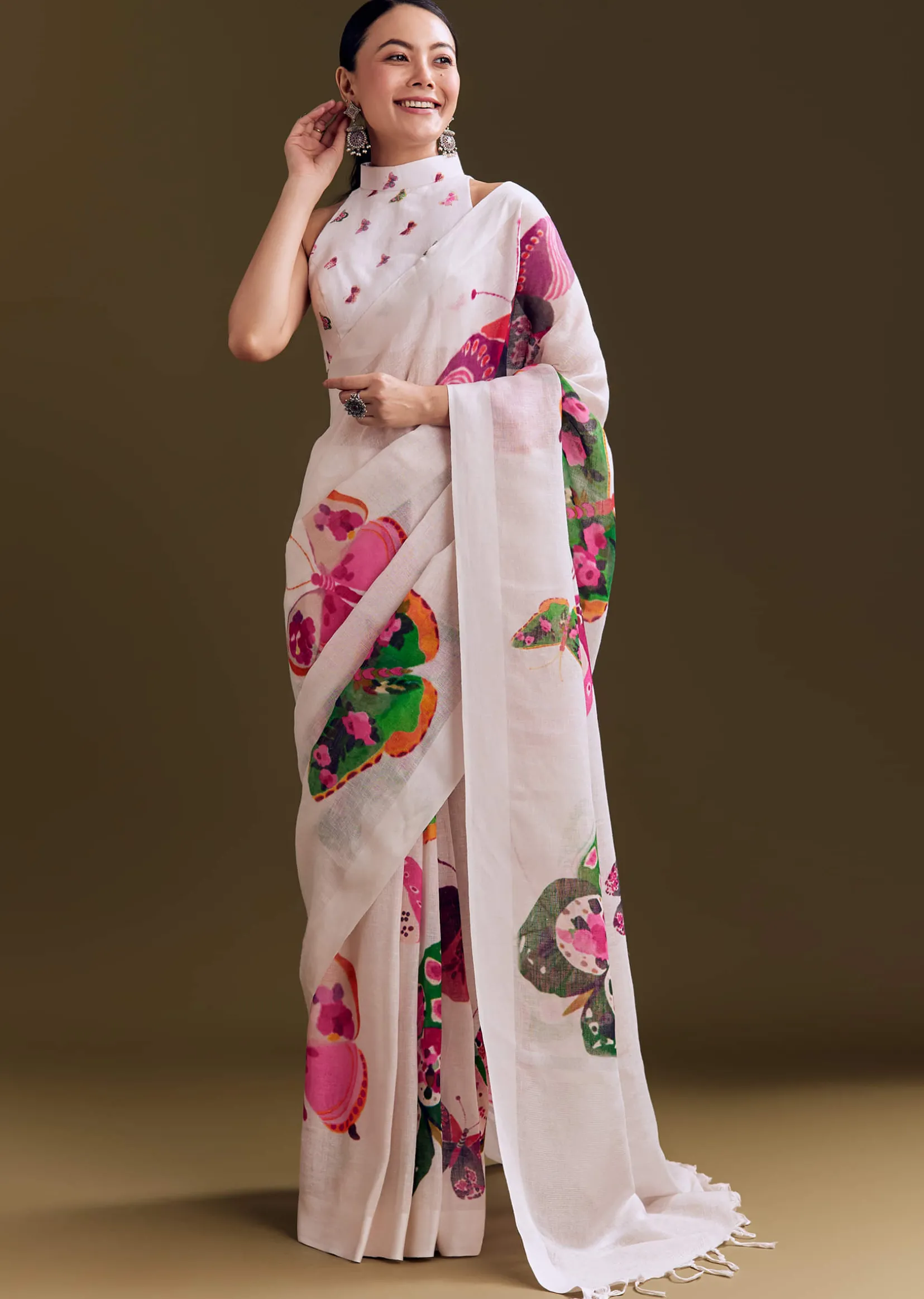 White Cotton Linen Saree With Watercolor Florals