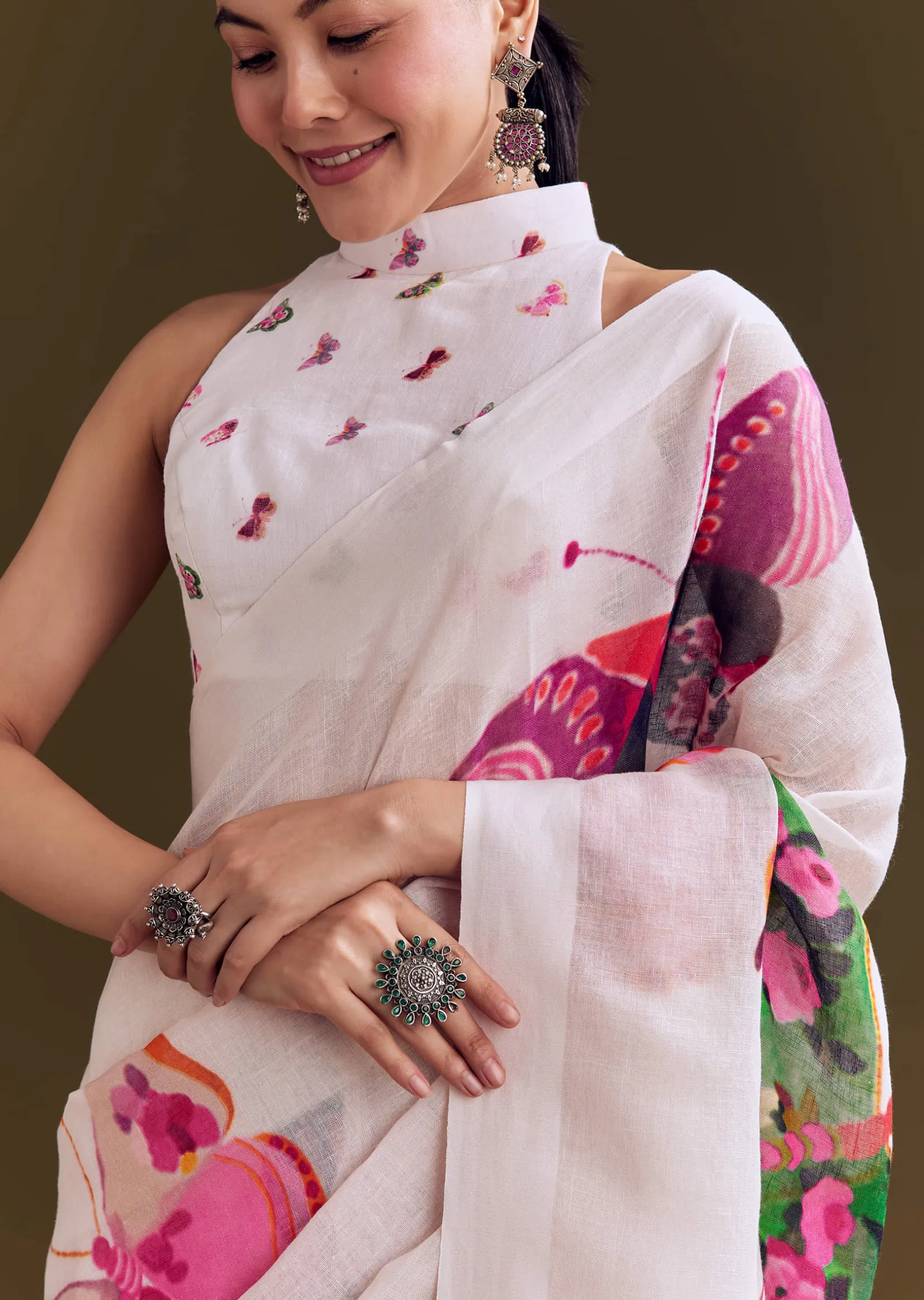 White Cotton Linen Saree With Watercolor Florals