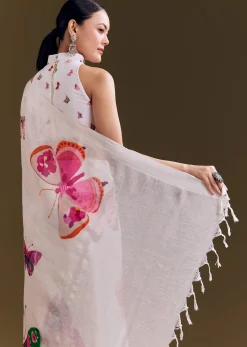 White Cotton Linen Saree With Watercolor Florals
