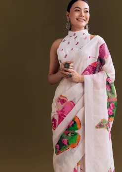 White Cotton Linen Saree With Watercolor Florals