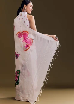 White Cotton Linen Saree With Watercolor Florals