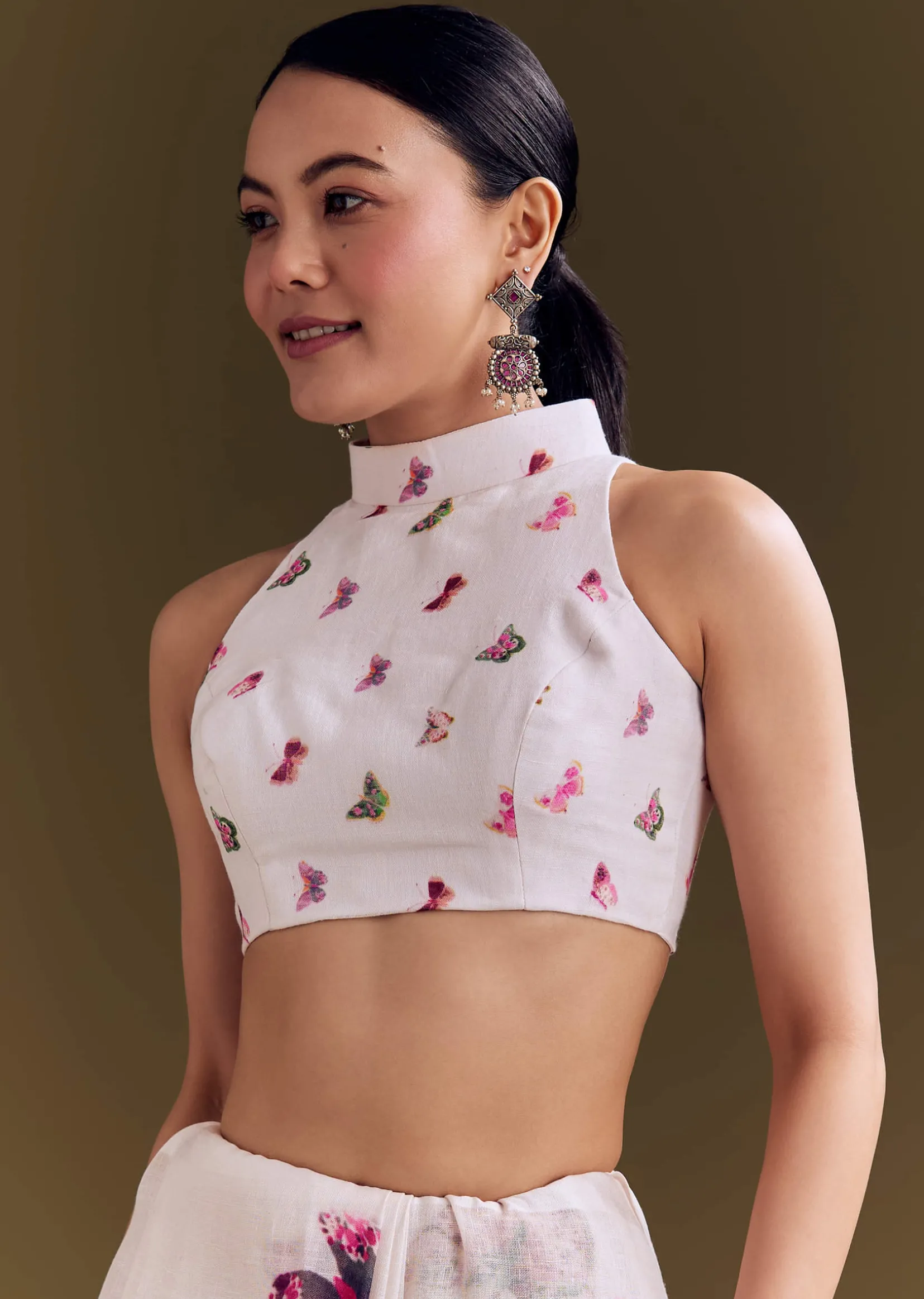 White Cotton Linen Saree With Watercolor Florals