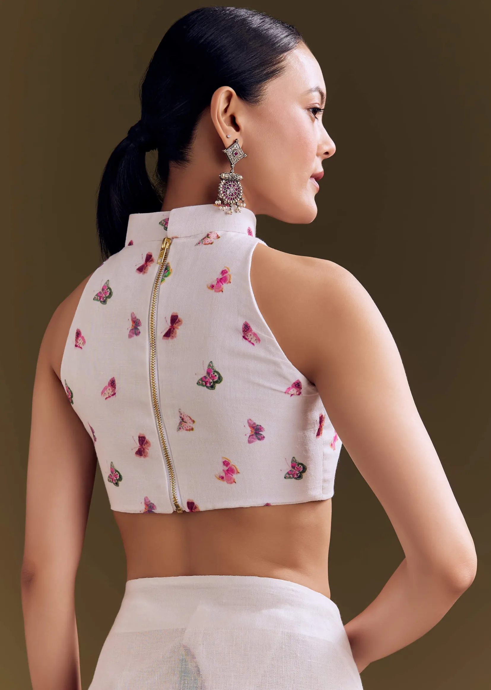White Cotton Linen Saree With Watercolor Florals