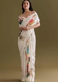 White Cotton Linen Saree With Multicolour Butterfly Prints