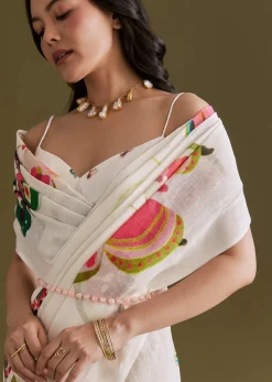 White Cotton Linen Saree With Multicolour Butterfly Prints