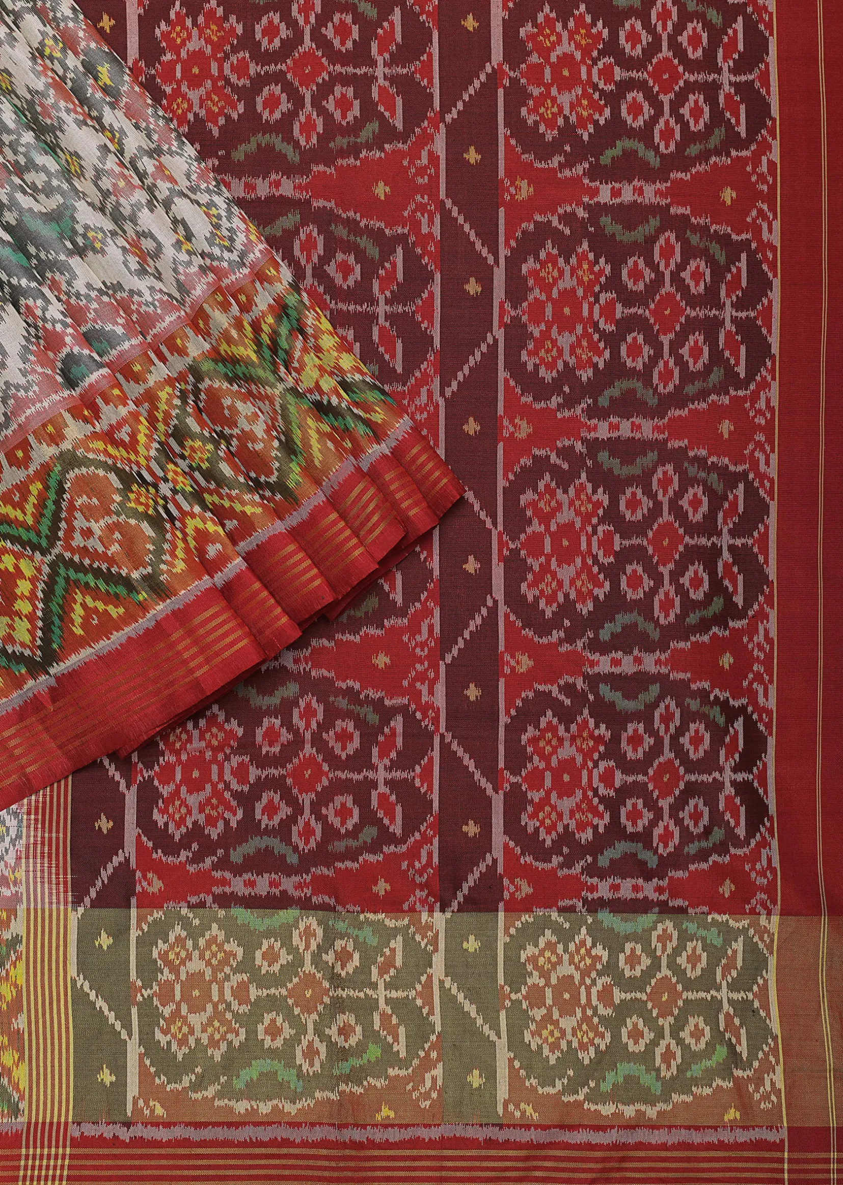 White Cotton Silk Saree With Ikat Patola Work And Unstitched Blouse Fabric